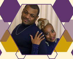 Two people wearing dark blue clothing, one with a necklace and the other with a chain, standing close together with a hand resting on the shoulder, framed by a purple and gold hexagon pattern.